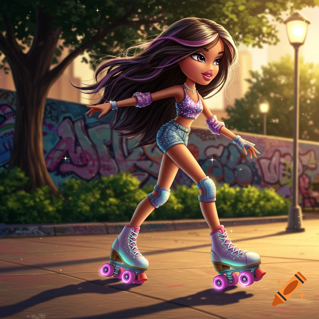 A vibrant Bratz-style doll with long dark hair and purple streaks roller skating on a city street with a graffiti wall in the background at sunset.