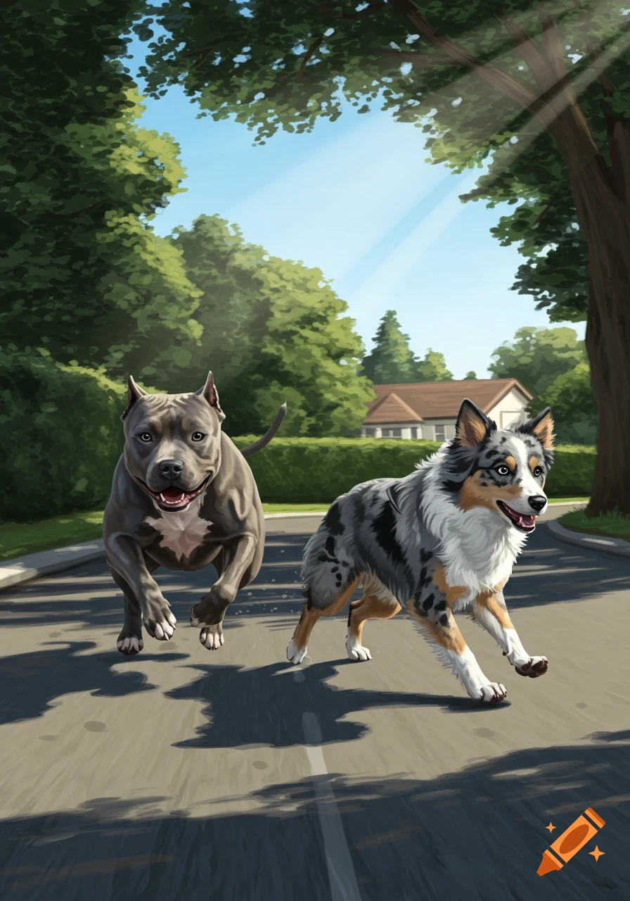 A gray pit bull and a gray and black Australian shepherd run down a sunny suburban road, with trees and a house in the background.