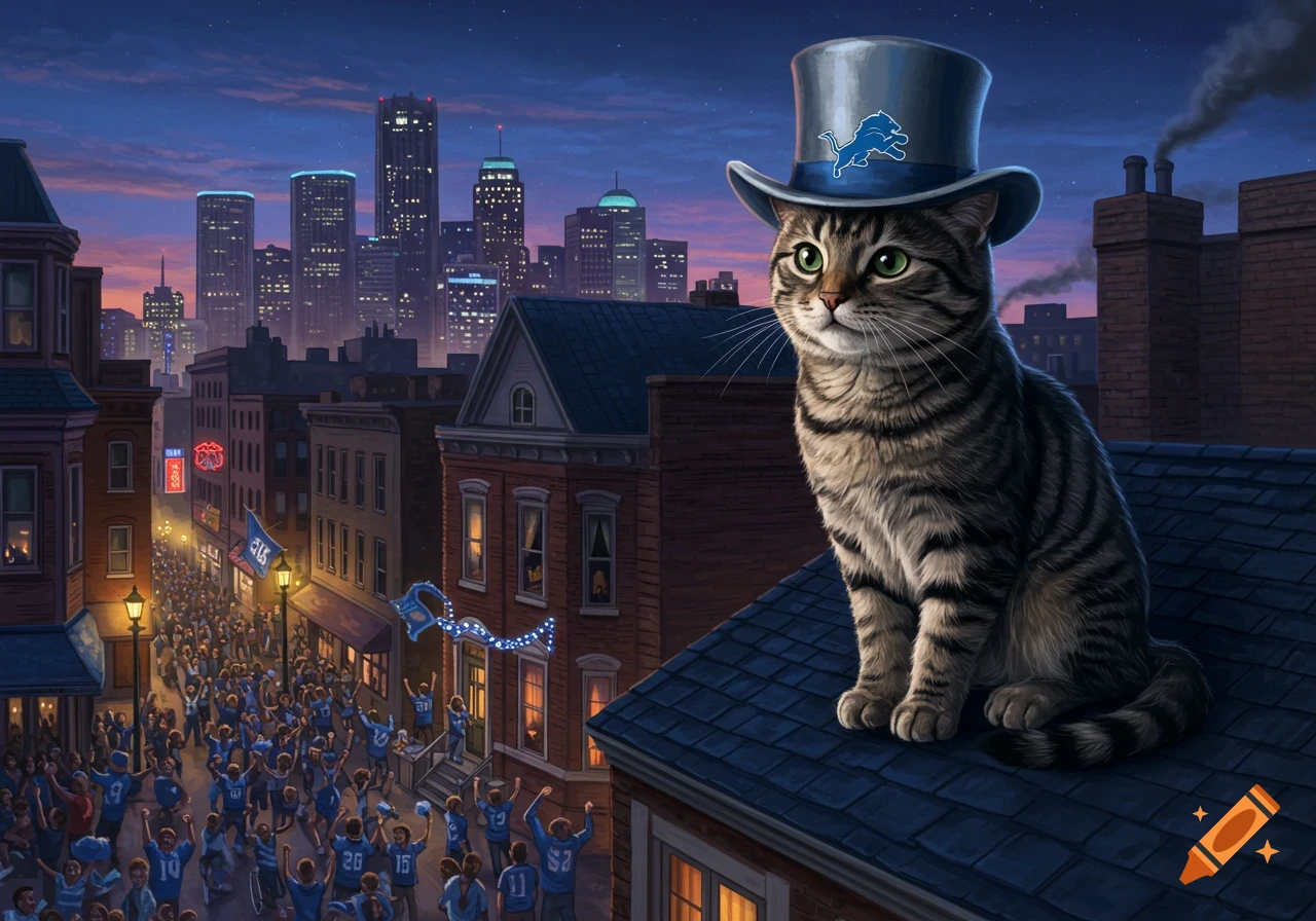 A tabby cat wearing a Detroit Lions top hat sits on a rooftop overlooking a cheering crowd and a city skyline at dusk.