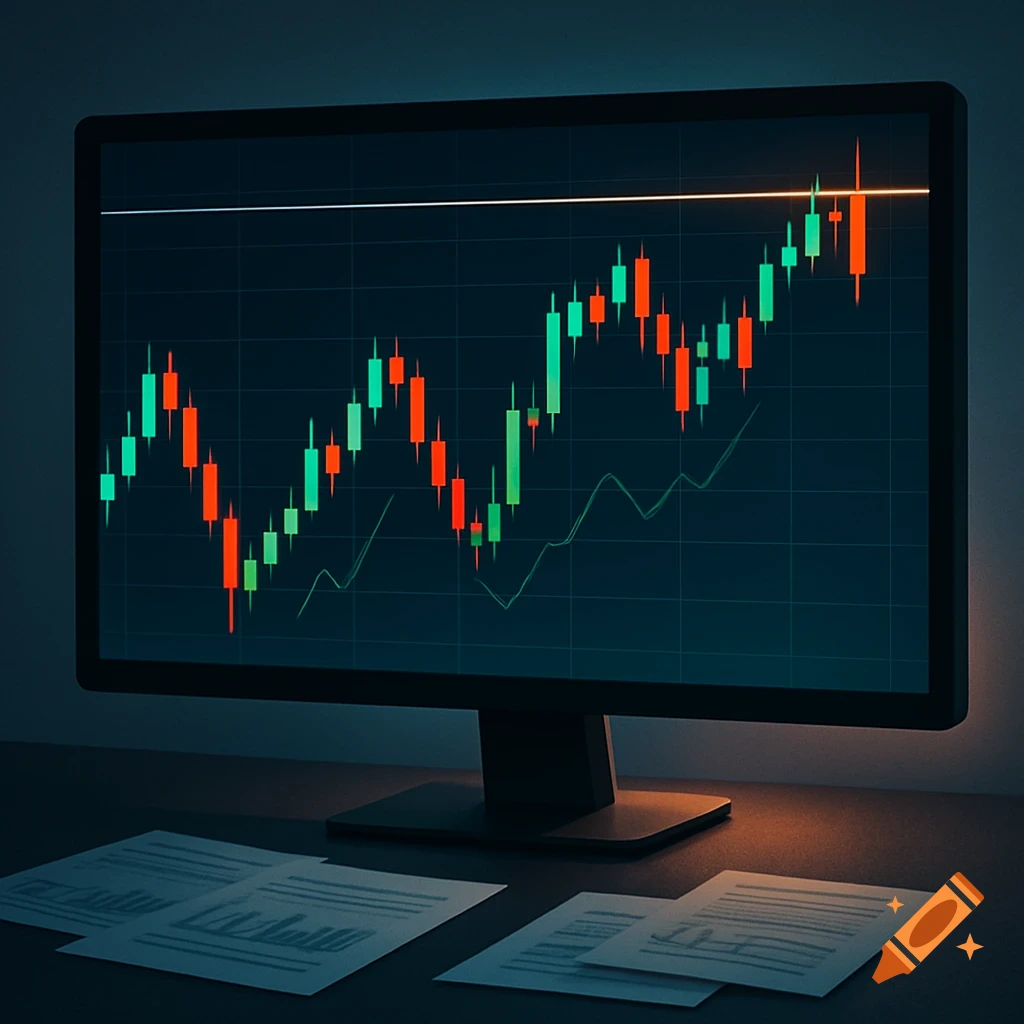 A stock chart displaying red and green candlesticks and a line graph on a computer monitor in a dim room with papers on the desk.