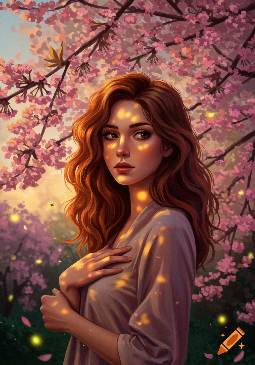 A digital painting of a woman with long brown hair under cherry blossoms, bathed in dappled sunlight.