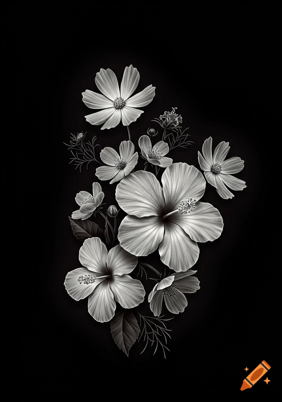 Monochromatic white hibiscus and cosmos flowers arranged on a black background in a tattoo art style.