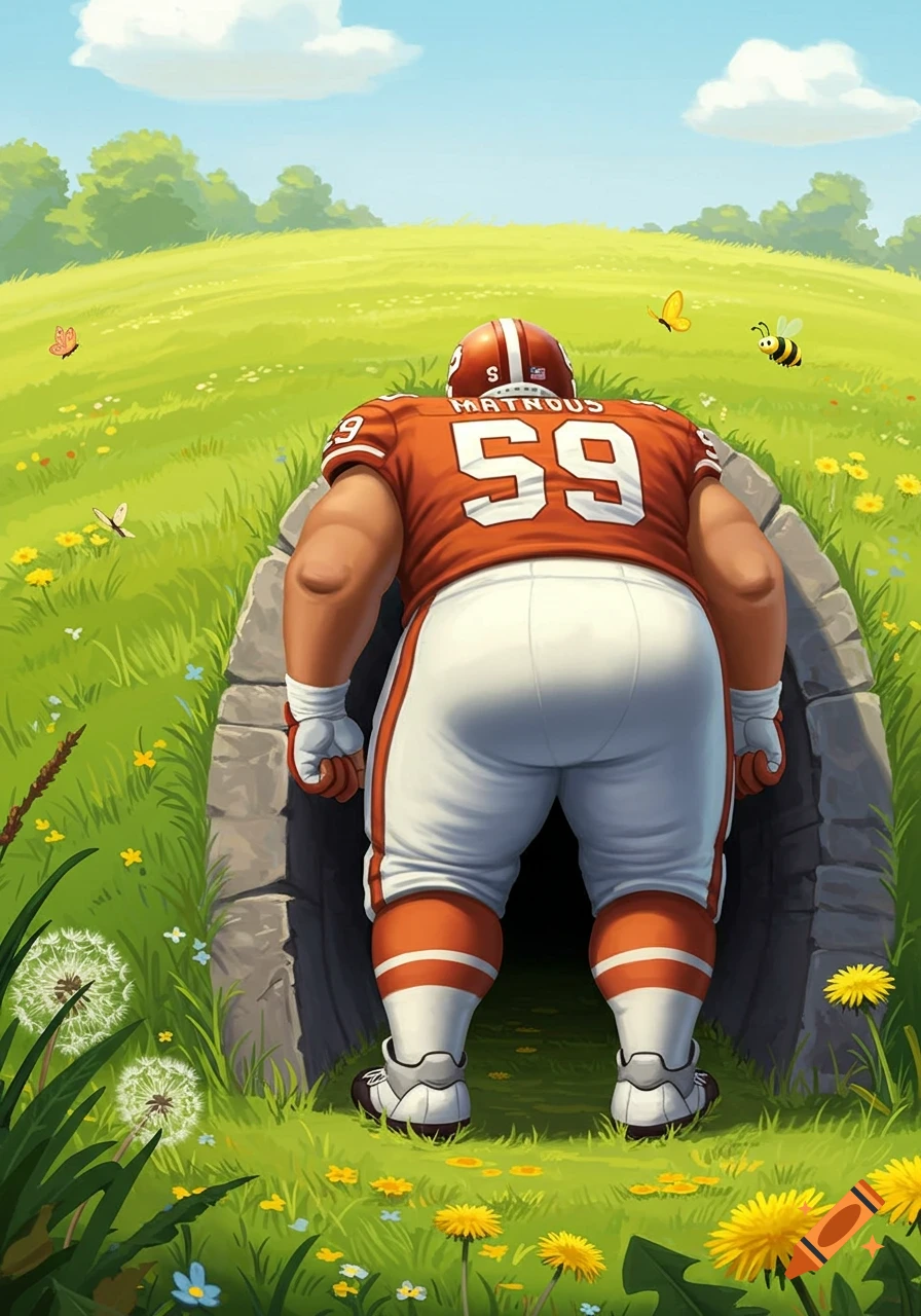 Humorous cartoon of a large football player in an orange and white uniform, seen from behind, comically stuck in a small tunnel entrance in a green grassy field with wildflowers.