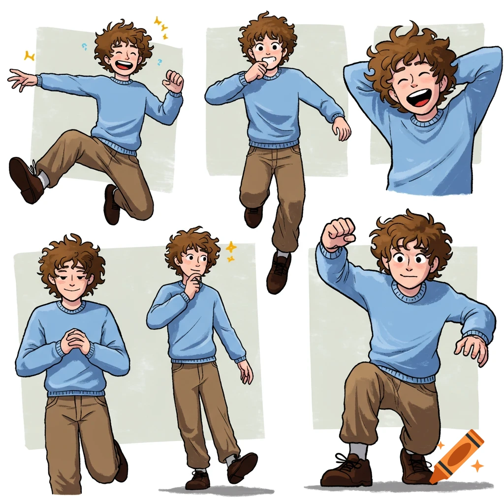 A minimalist comic style guy with wavy, messy brown hair, wearing a blue sweater and khakis, in multiple different poses.
