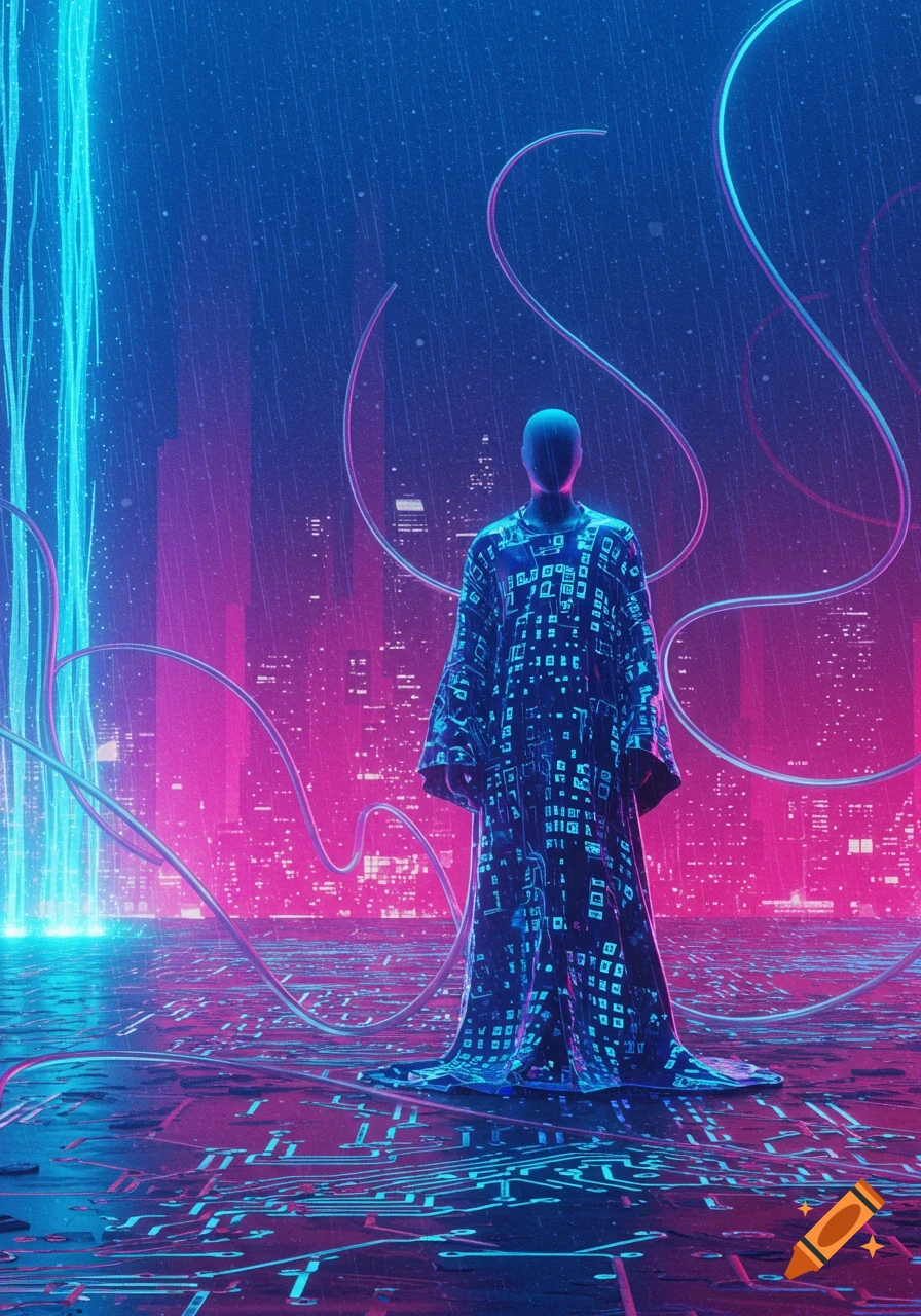 A mysterious cloaked figure on a circuit board ground, with a neon blue and pink cyberpunk city skyline in the rain.