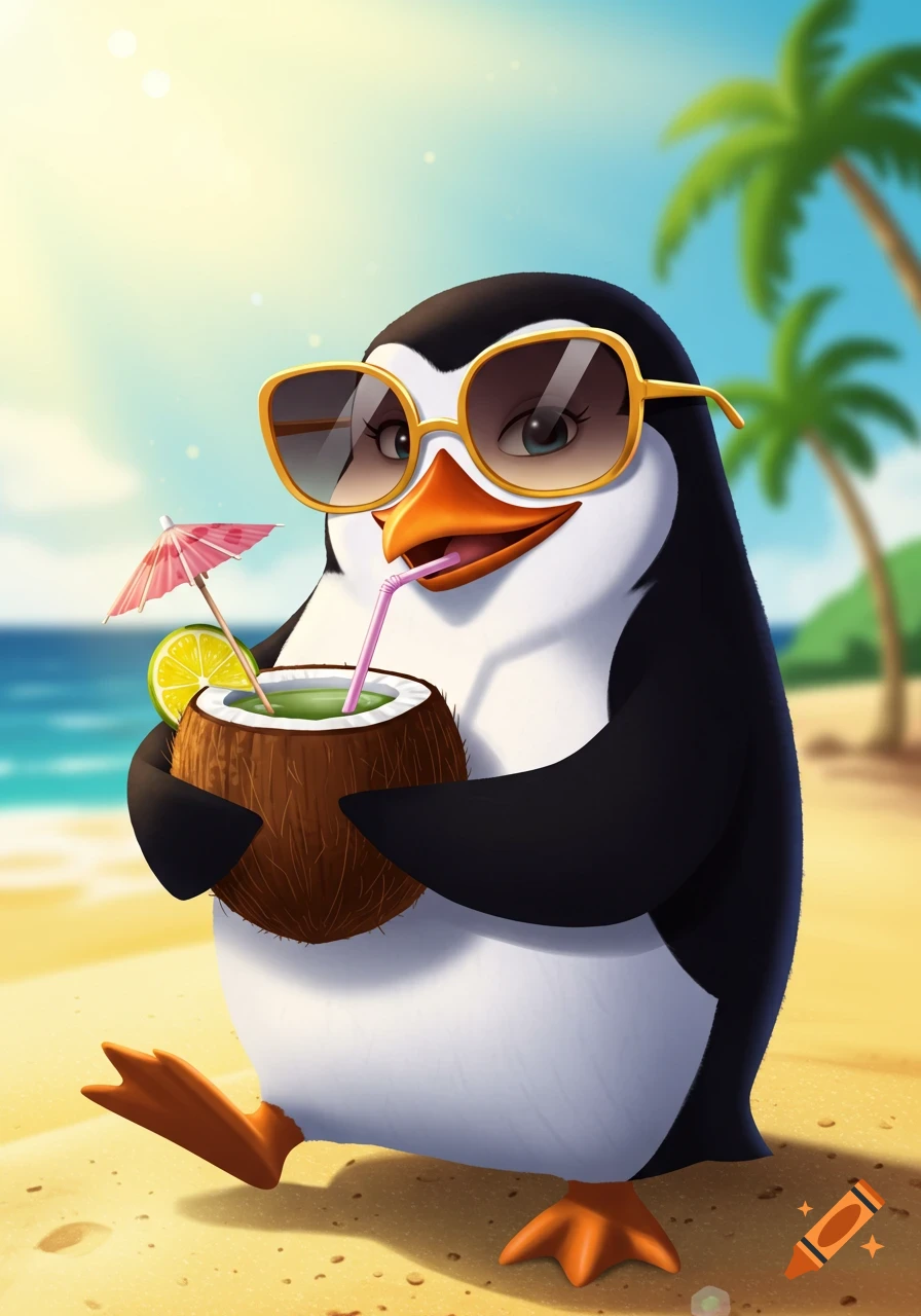 A cartoon penguin wearing sunglasses, holding a coconut cocktail, stands on a sunny beach with palm trees and the ocean.