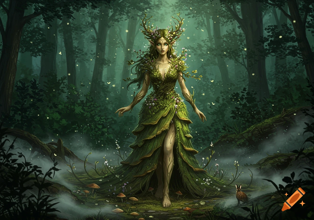 A fantasy forest spirit with antlers and a dress made of leaves and flowers stands in a misty, magical forest with glowing lights and mushrooms.