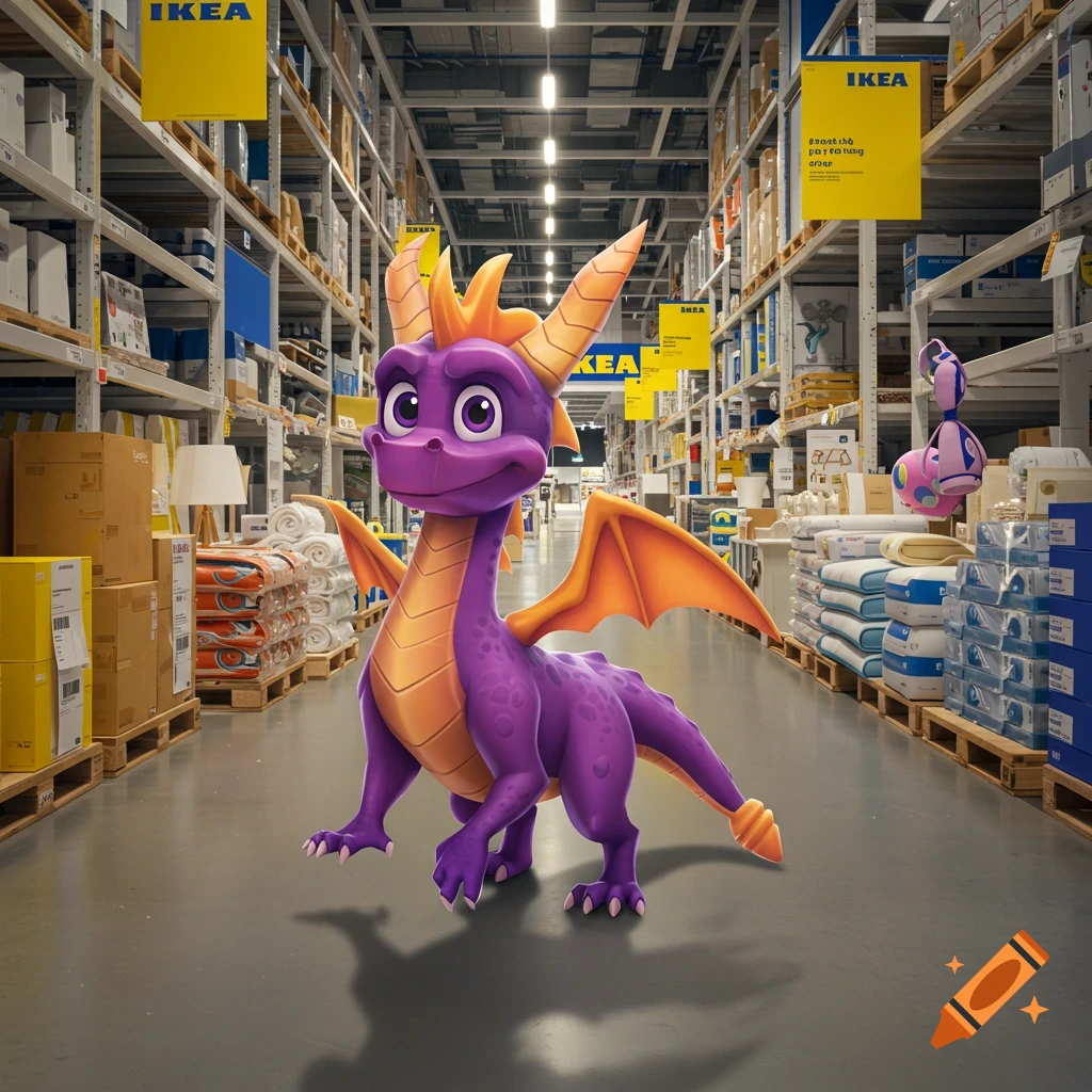 A purple dragon resembling Spyro stands in the middle of a large IKEA warehouse aisle.