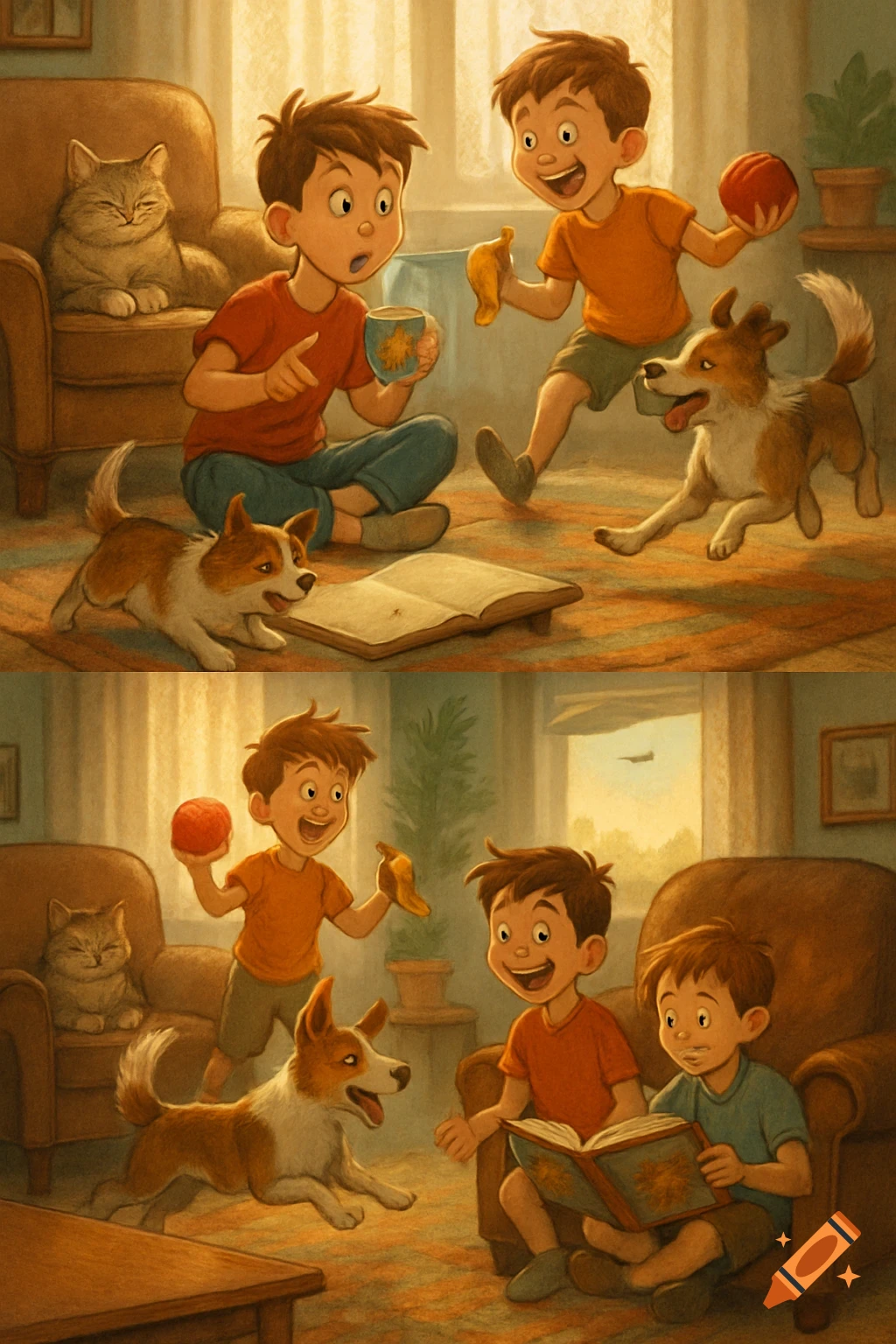 Two cartoon boys interact with their cat and dog in a cozy living room, depicted in two panels.