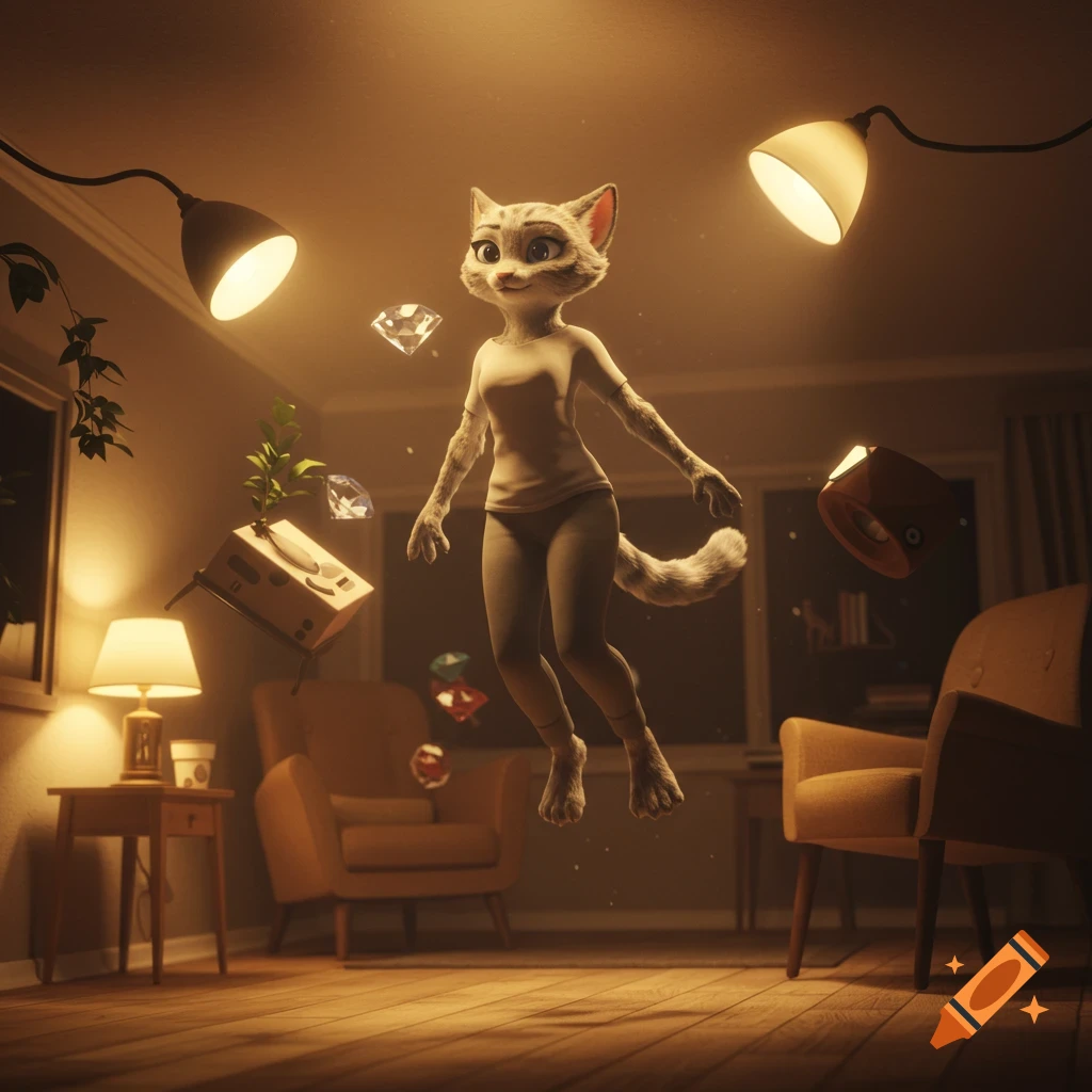 A fluffy Zootopia-style 3D anthro feline female floats through a serene, low-gravity house with objects drifting around her.