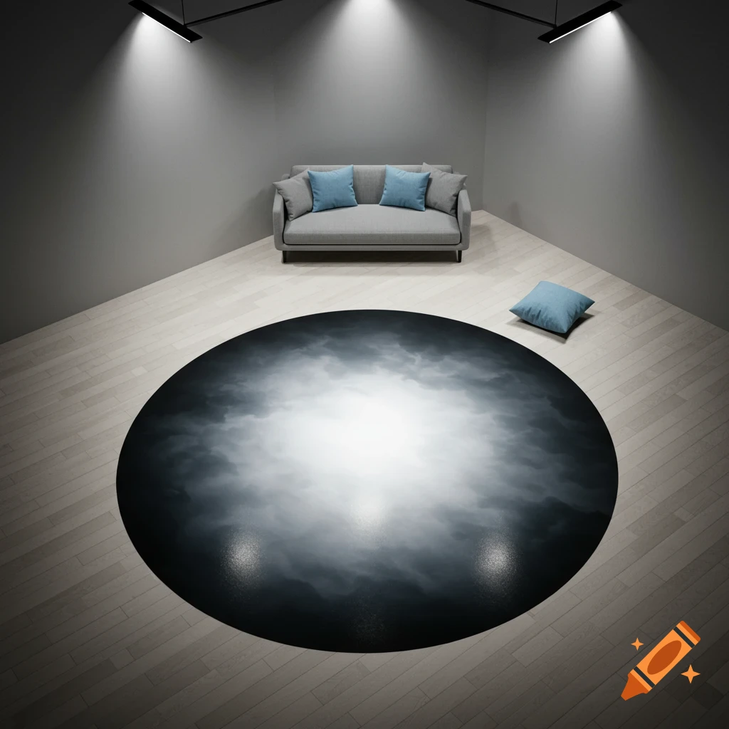 Bird's-eye view of a minimalist room with grey walls, light wooden floor, a grey sofa, and a large black circular rug.