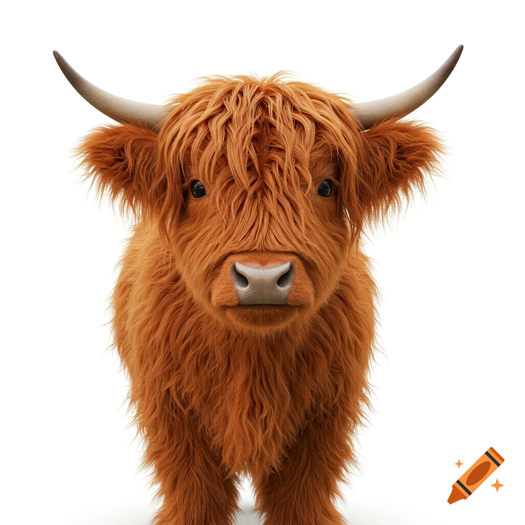 A cute, fluffy brown Highland cow with horns against a white background, looking directly at the viewer.