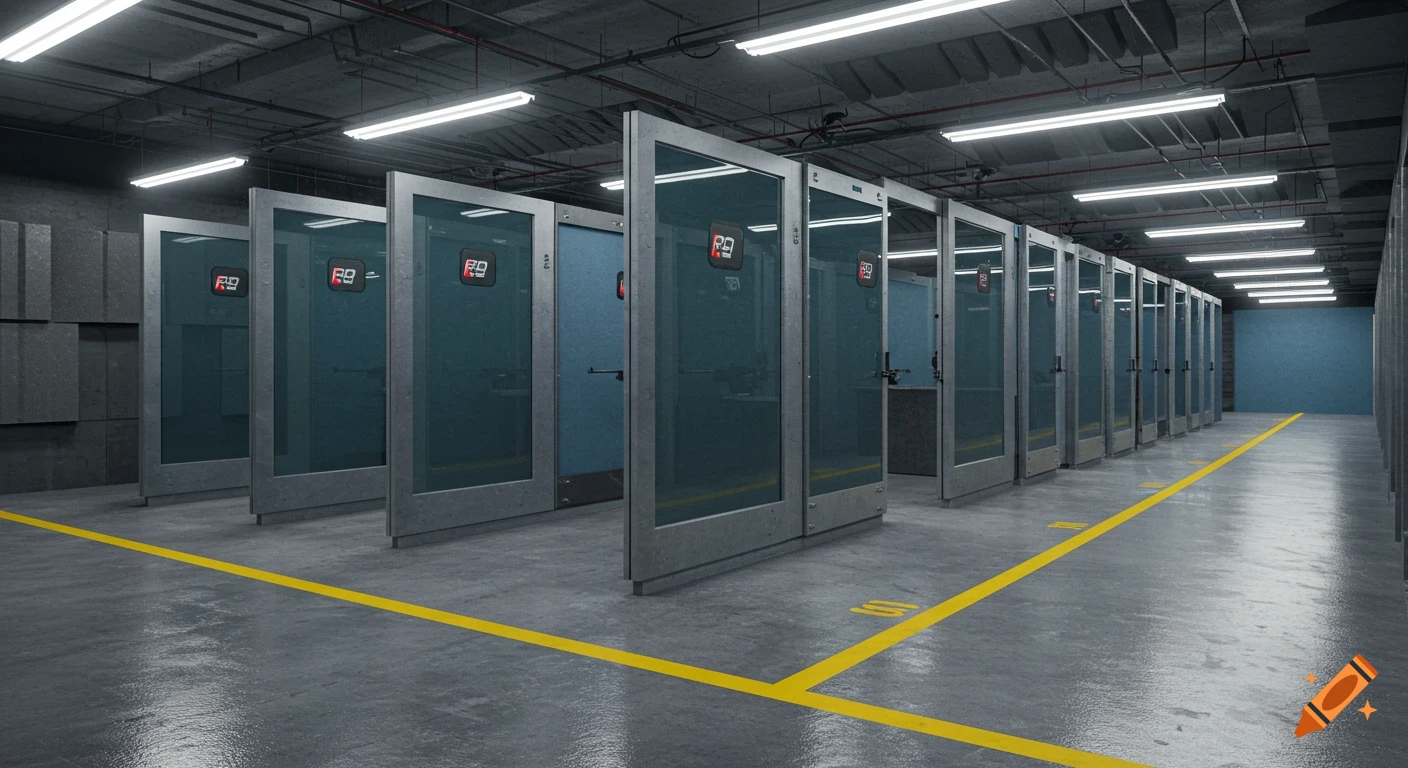 An empty indoor shooting range with multiple bays, glass partitions, and a yellow line on the concrete floor.