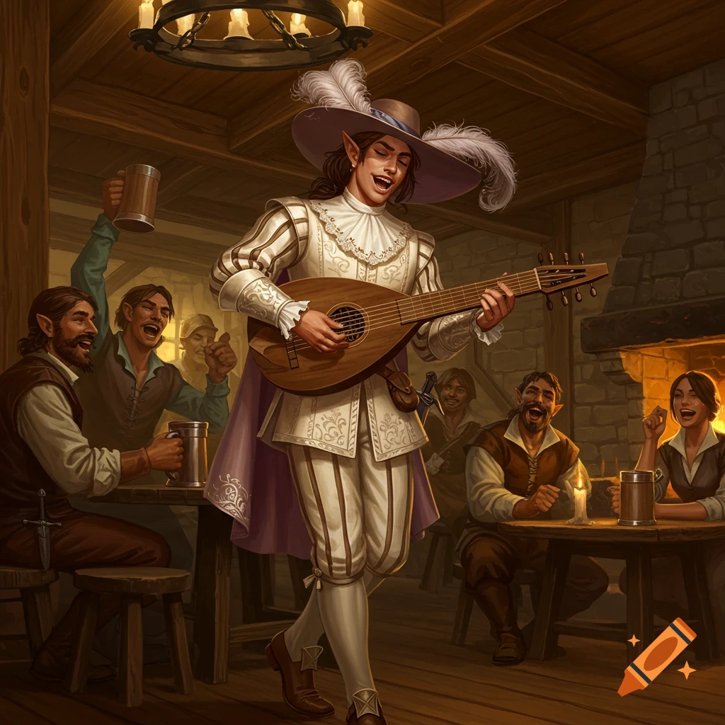 A half-elf bard plays a lute and sings in a lively medieval tavern, surrounded by laughing patrons.