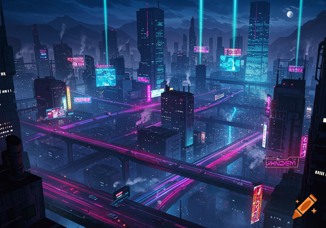 A top-down view of a futuristic cyberpunk city at night, illuminated by neon pink and blue lights, with elevated highways and towering skyscrapers.