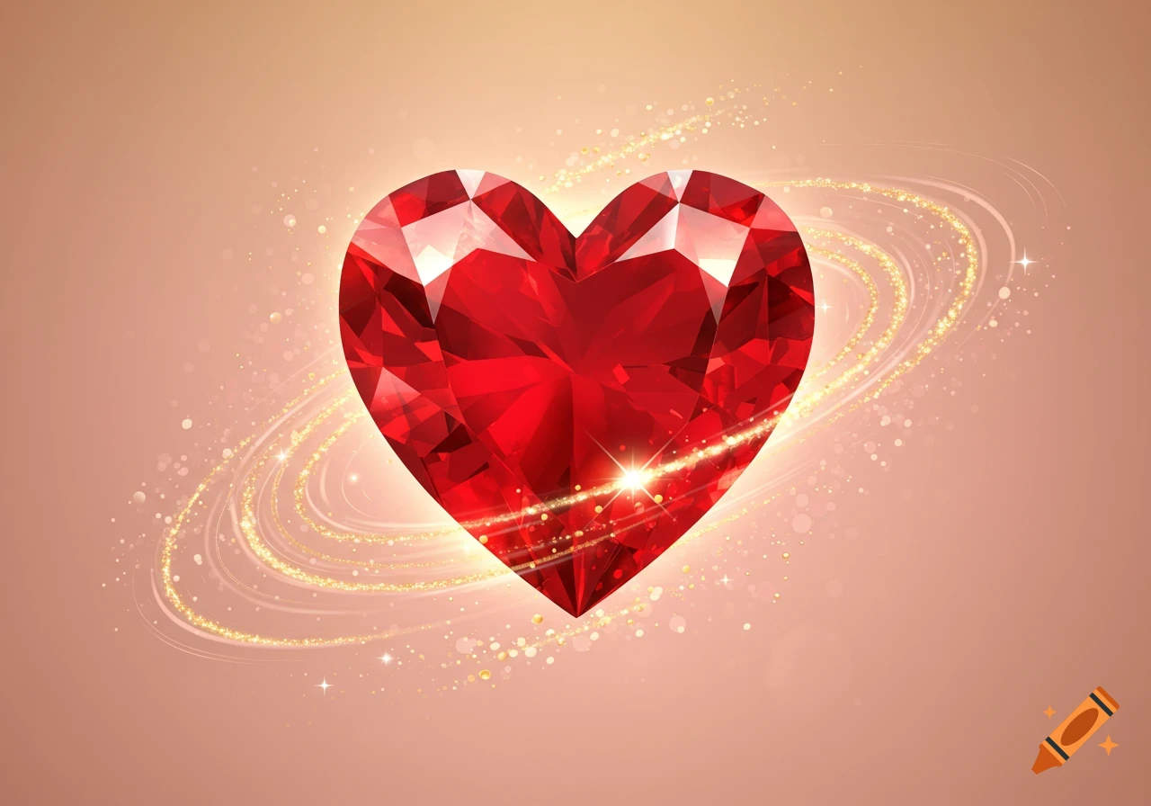 A shiny red faceted heart gemstone with golden glitter swirls and sparkles on a light pink background.