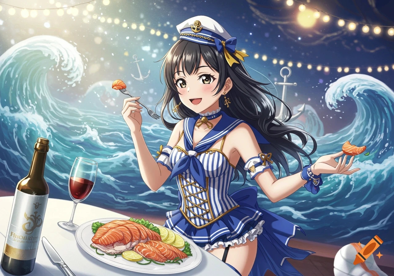 An anime girl in a sailor outfit eats salmon on a boat at night, with waves and anchors in the background.