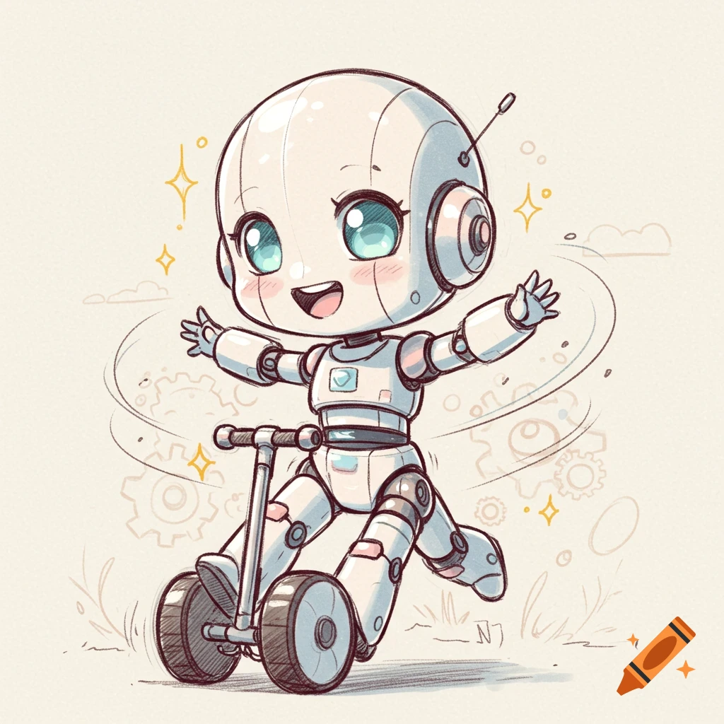 A happy, white chibi robot with big blue eyes, riding a two-wheeled scooter in a sketch style.