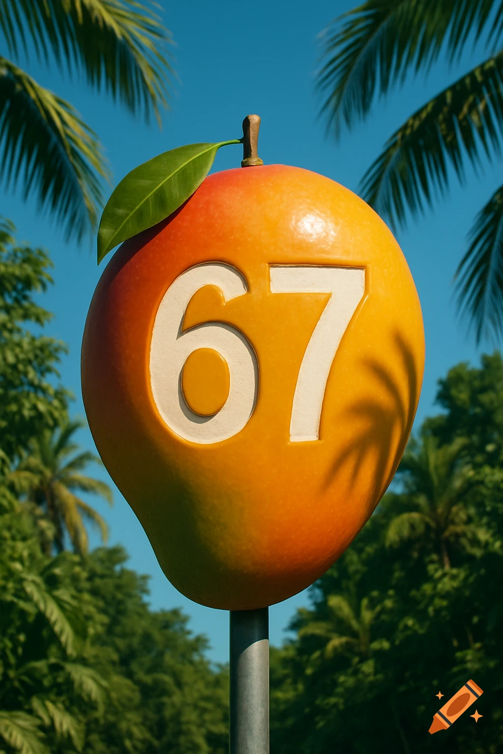 A large, colorful mango with the numbers "67" carved into its surface, mounted on a pole against a bright blue sky with palm tree fronds visible.