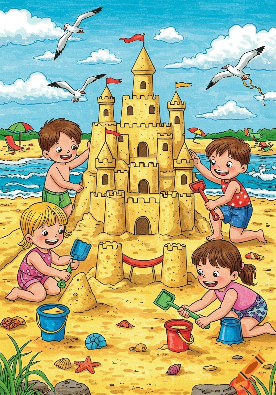 Four happy children building a large sandcastle on a sunny beach with seagulls flying overhead, in a colorful illustration style.