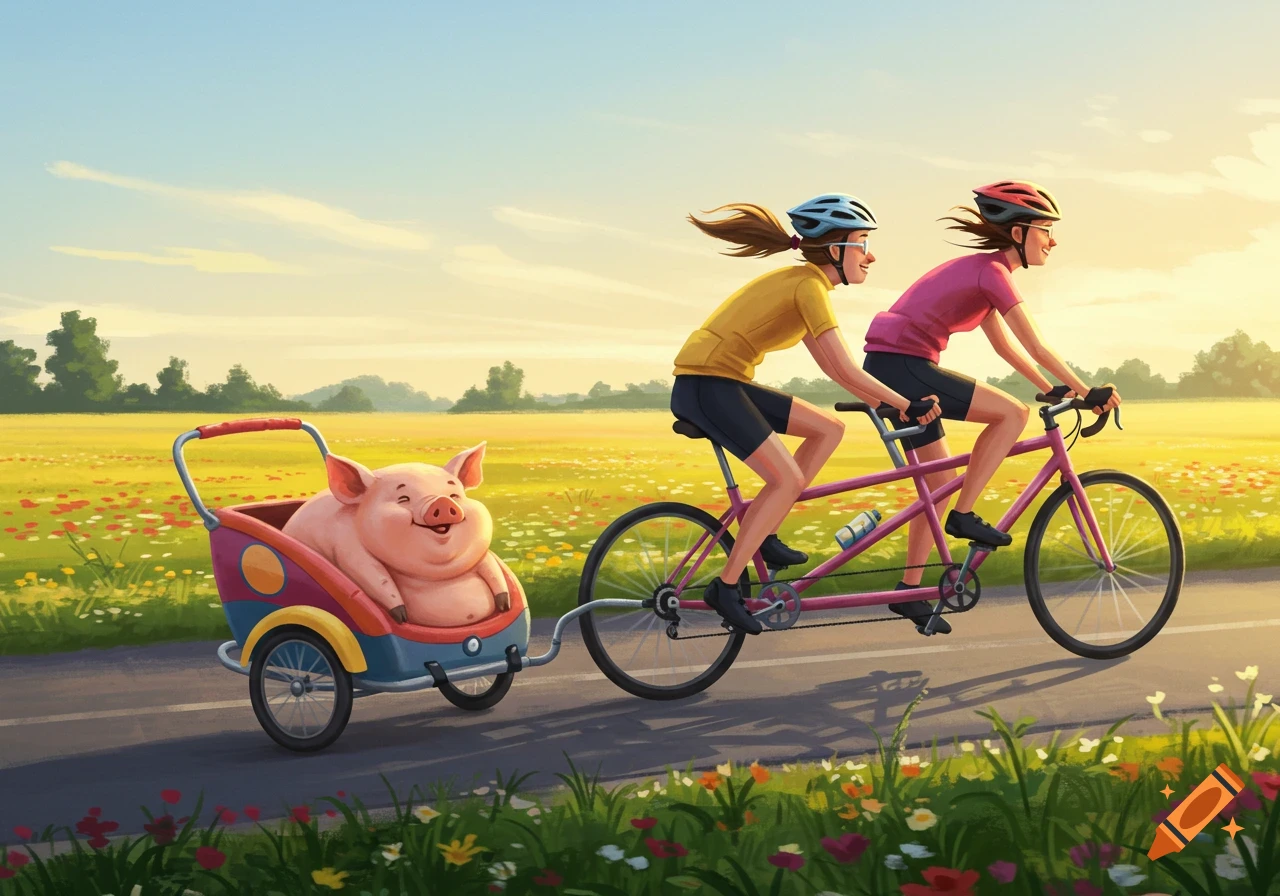 Two smiling women on a pink tandem bicycle pull a happy pig in a colorful trailer down a road through a sunny field.