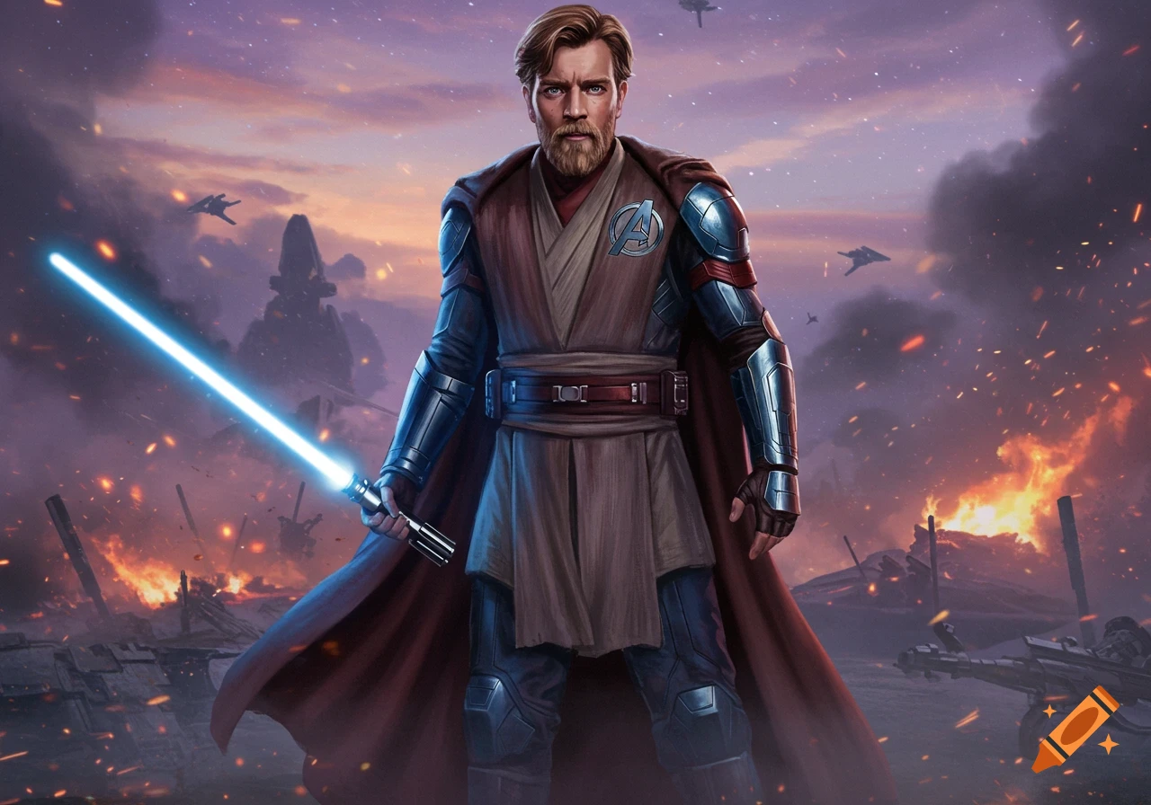 Obi-Wan Kenobi in sci-fi battle armor with an Avengers symbol, holding a blue lightsaber in a fiery war zone at sunset.