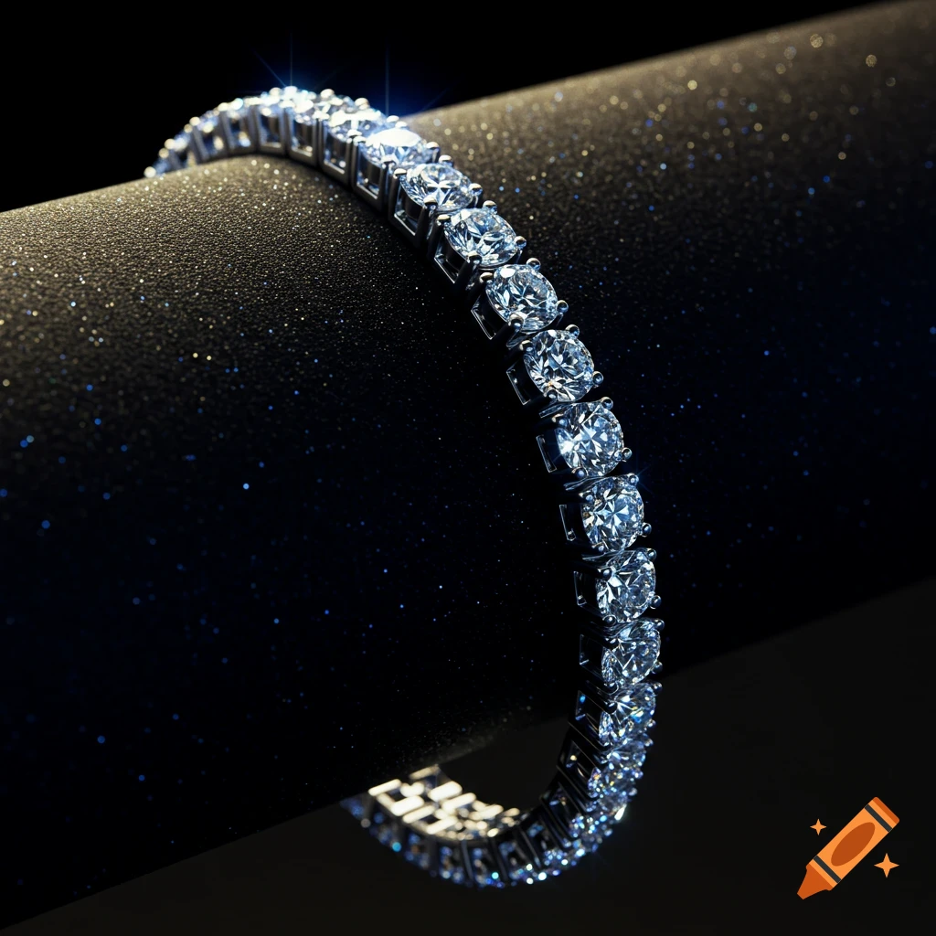 Close-up of a sparkling diamond tennis bracelet resting on a dark, glittering surface.