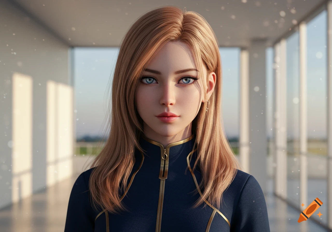Photorealistic portrait of a woman with long blonde hair and blue eyes in a dark blue and gold uniform.