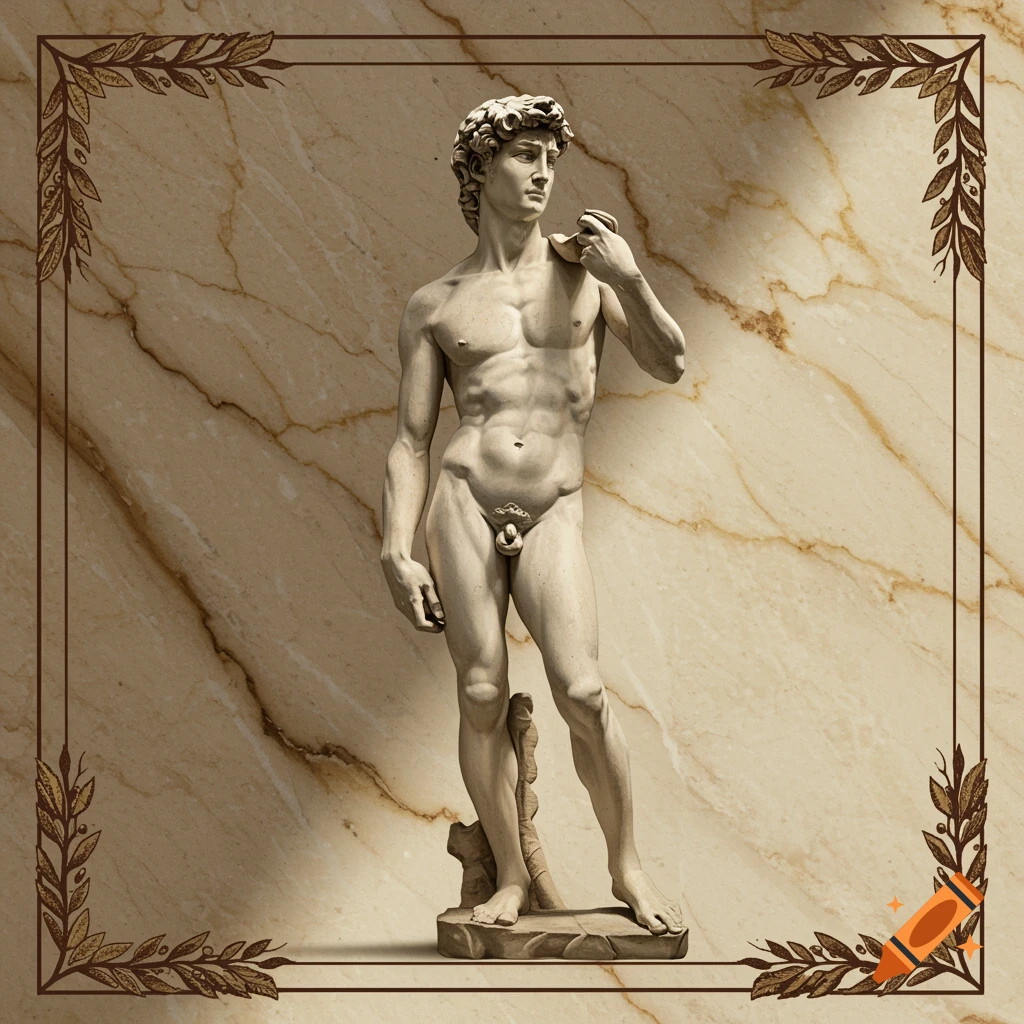 A classic marble statue of David framed by a decorative border on a marble background.