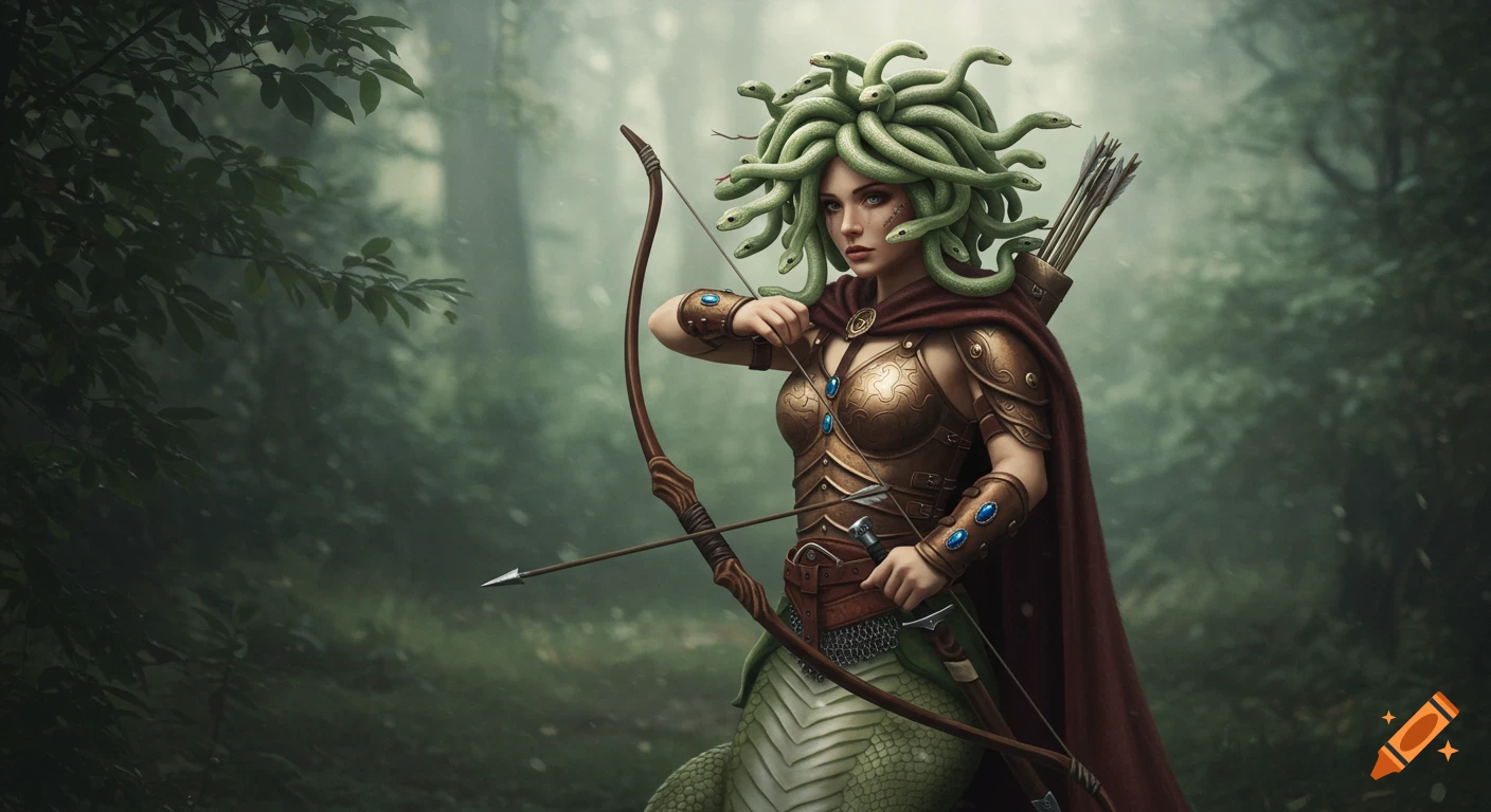 A Medusa-like warrior with green snakes for hair, wearing ornate armor and a brown cloak, stands in a misty forest holding a longbow and arrow.