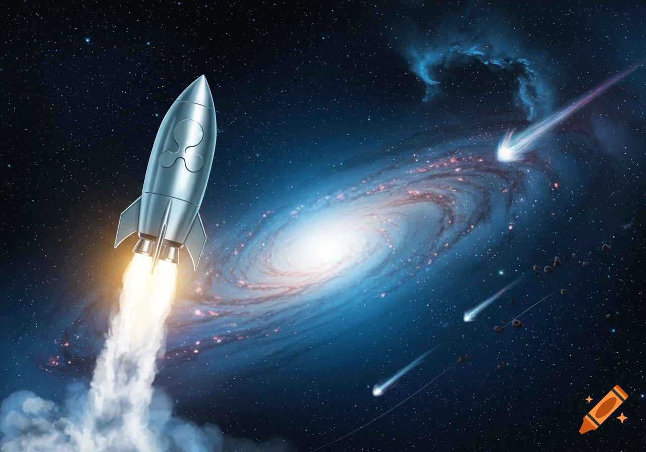 A silver rocket blasts off into deep space with a spiral galaxy and shooting stars in the background. Digital art.