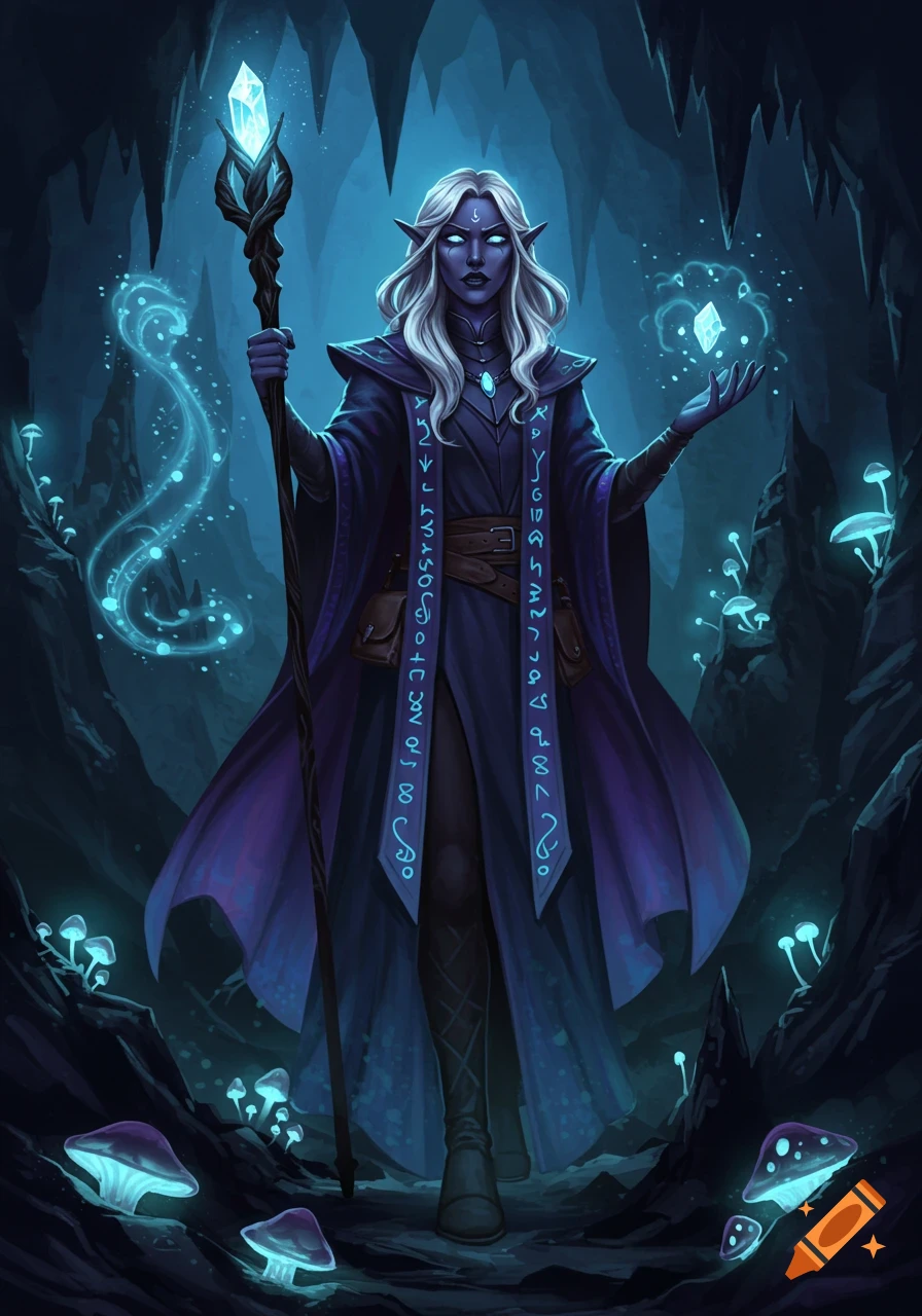 A D&D drow sorceress with purple skin and white hair, wearing a dark blue robe with glowing runes, holding a crystal-topped staff, and casting a spell with her other hand, standing in a dark, glowing mushroom cave.