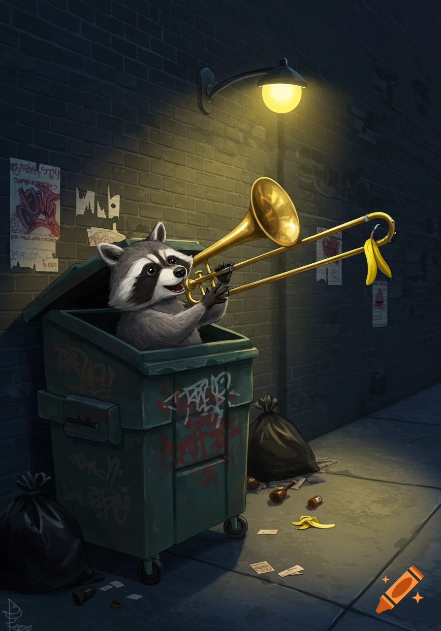 A cartoon raccoon plays a trombone while sitting in a dumpster in a dark alley, with a banana peel hanging from the trombone slide.