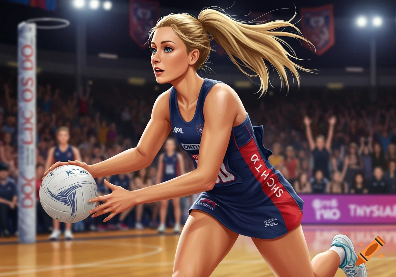 A blonde woman in a navy blue and red netball dress holds a netball on a court during a game, in a vibrant illustration.