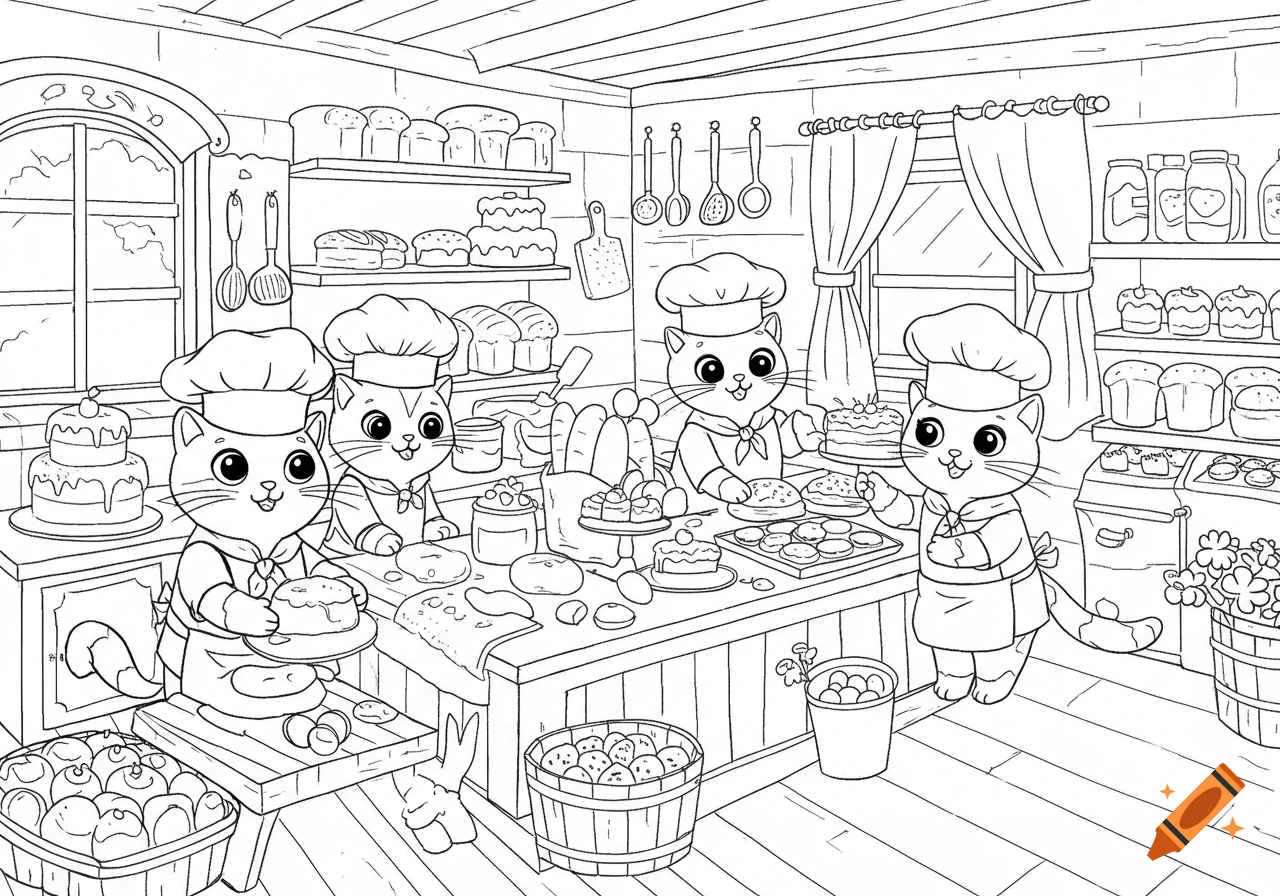 Black and white coloring book illustration of four cartoon cats baking in a busy bakery, surrounded by bread, cakes, and pastry.