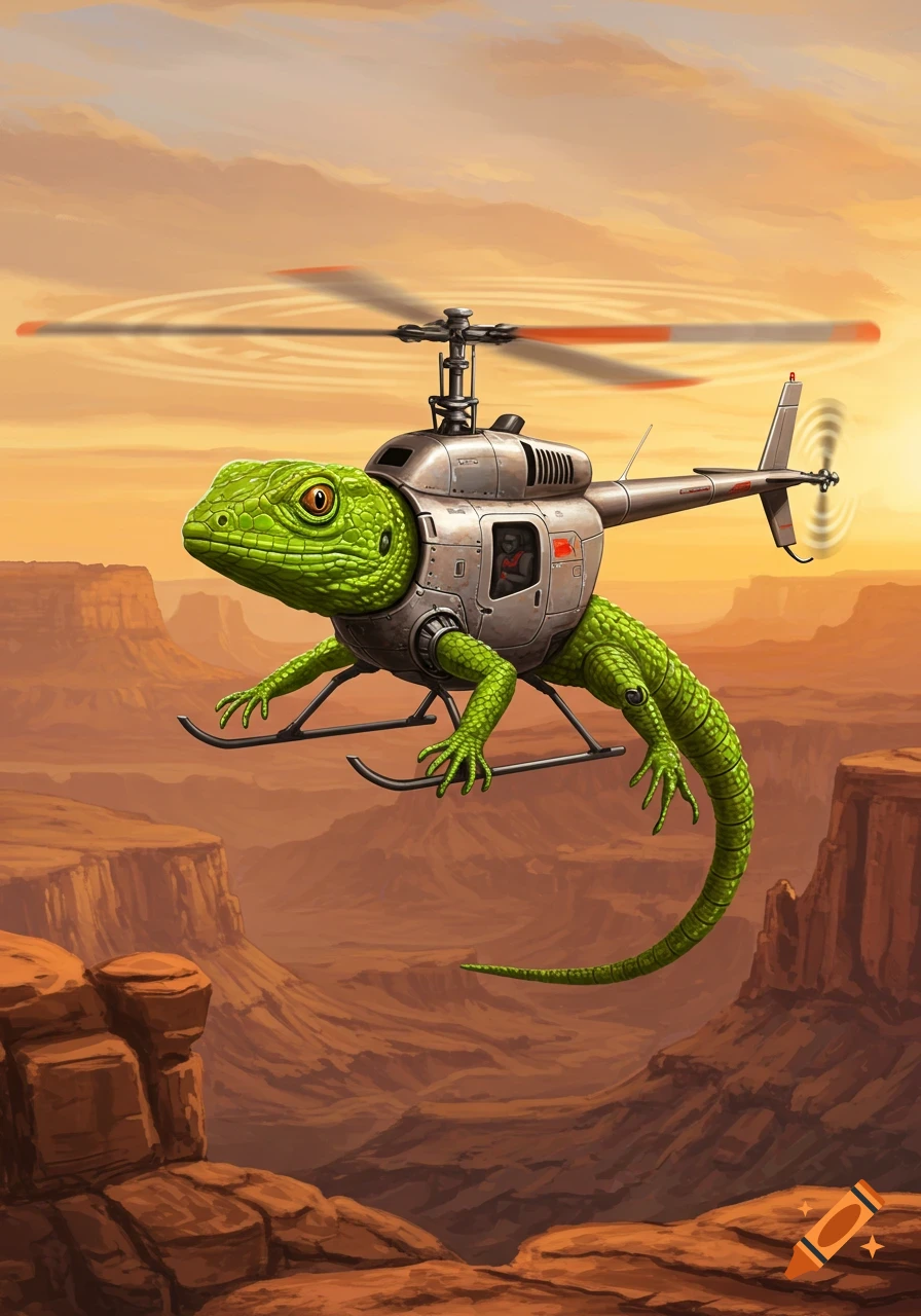 A green lizard with a helicopter attached to its body flies over a vast desert canyon at sunset.