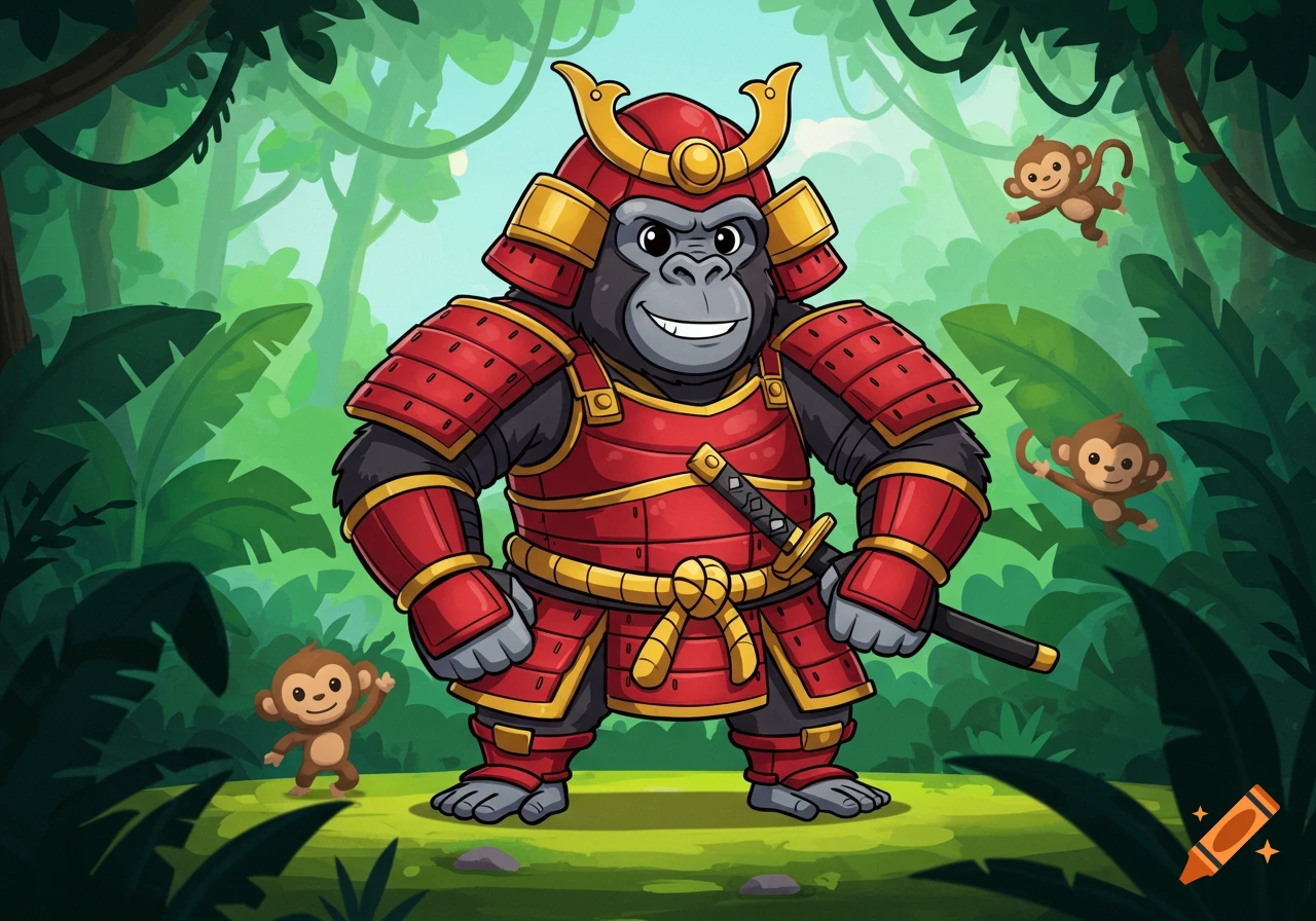 A cute cartoon gorilla warrior in red samurai armor stands in a vibrant jungle with small monkeys.