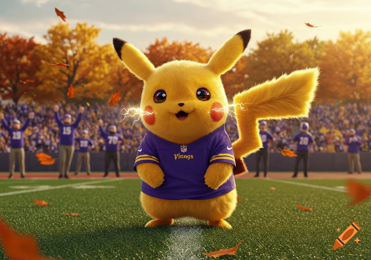 Photorealistic Pikachu wearing a purple Minnesota Vikings football jersey stands on a green field with cheering fans and autumn leaves.