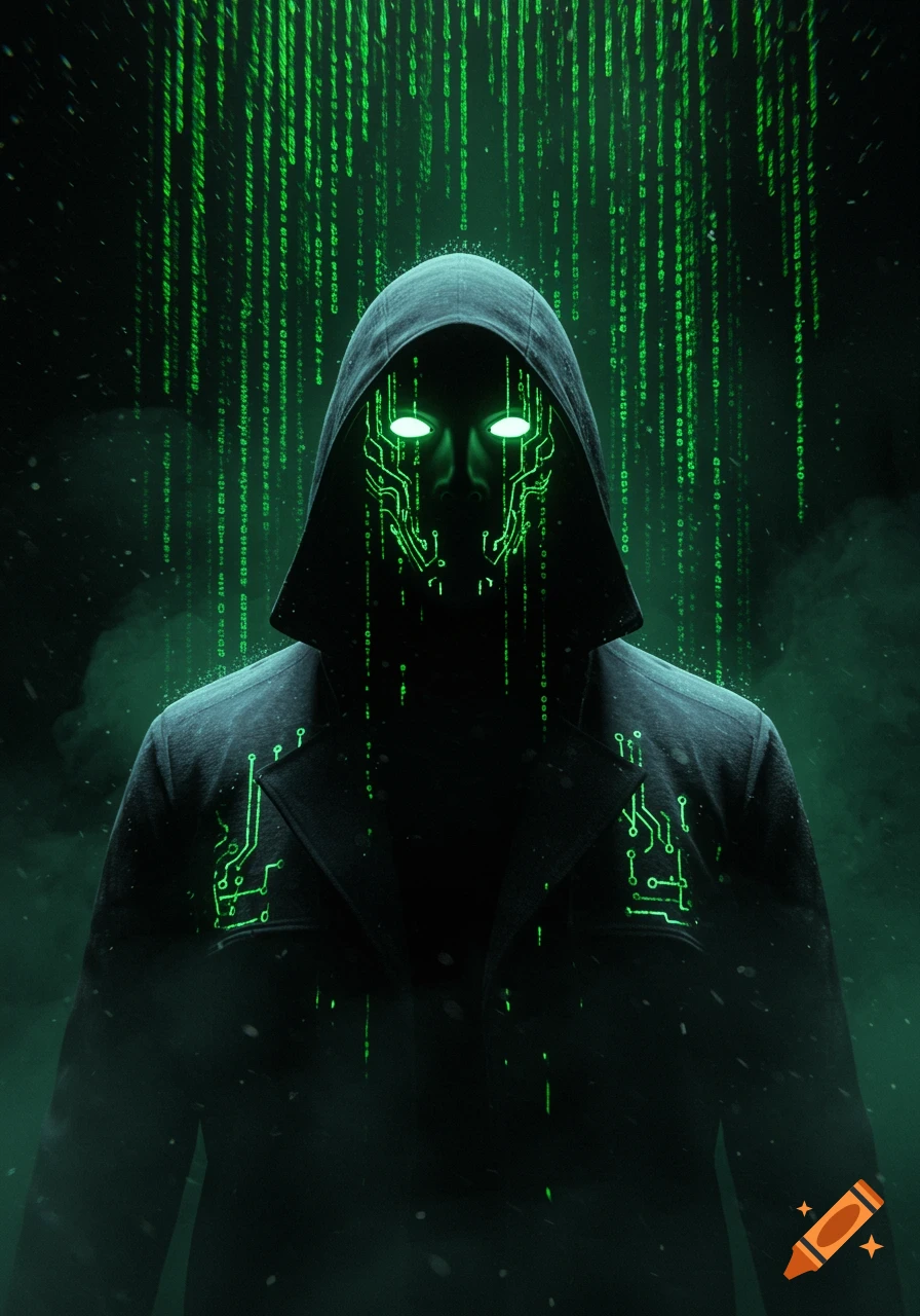 A dark, hooded figure with glowing green eyes and digital circuit patterns on their face and chest, set against a background of falling green digital code.