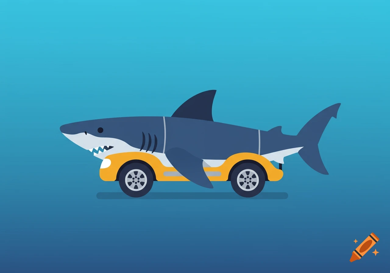 Cartoon illustration of a gray shark with yellow car wheels instead of fins, on a blue background.