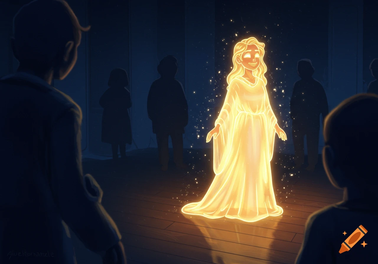 A glowing, angelic figure in a white gown stands on a wooden floor, radiating light, watched by shadowy figures of children in a dark room. Illustration.