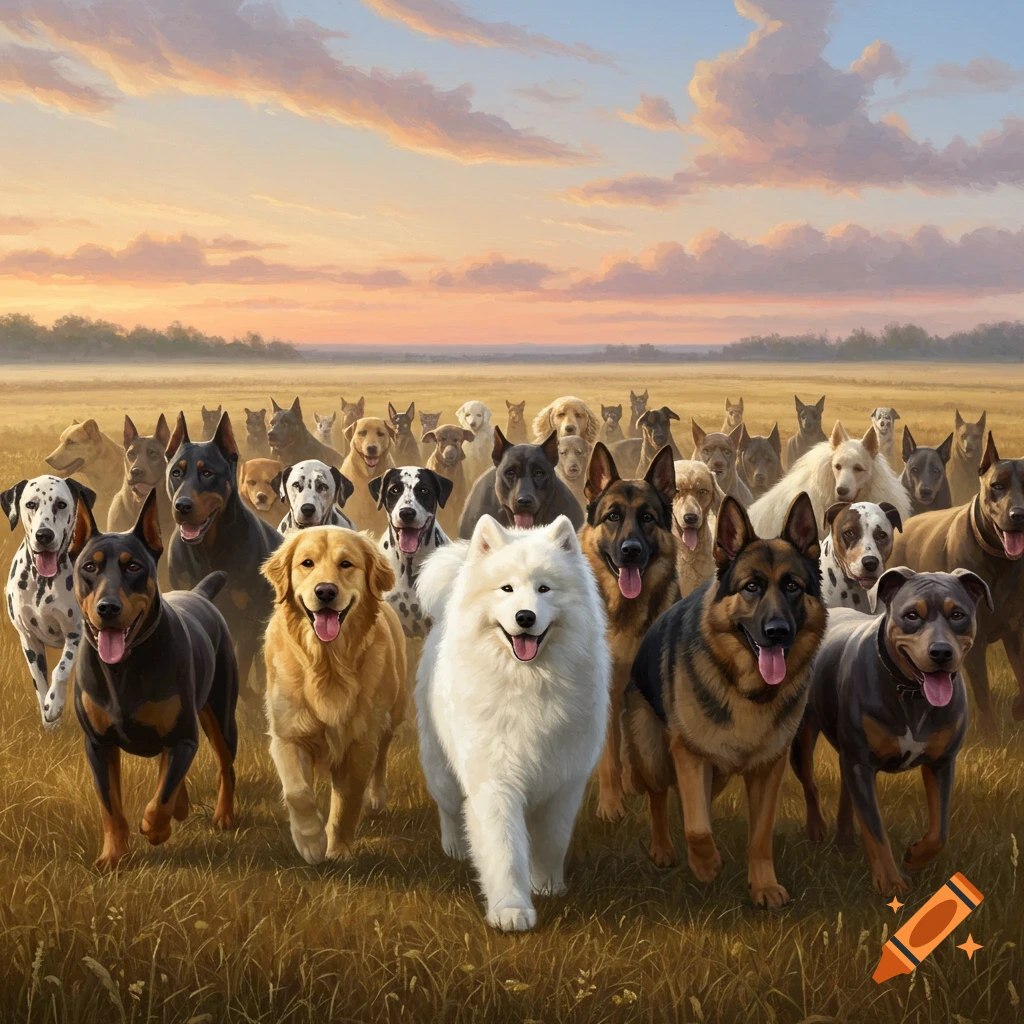 A large group of diverse dogs running through a grassy field at sunset