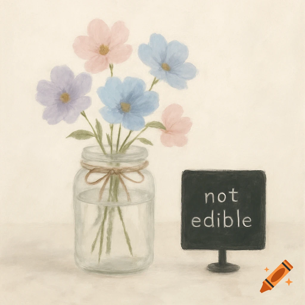 Pastel pink, blue, and purple flowers in a glass jar with a 'not edible' sign next to it, in an illustrative style.