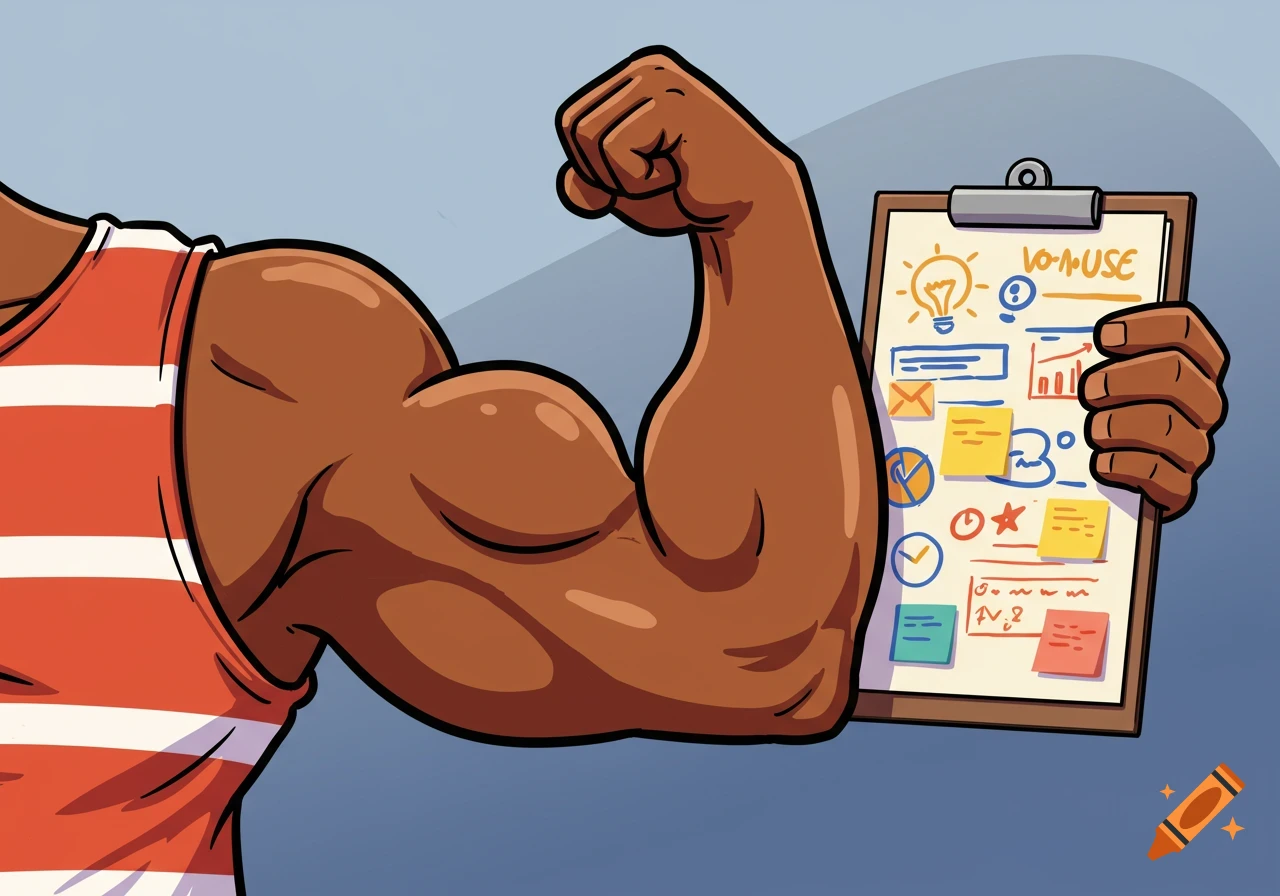 A cartoon illustration of a muscular arm flexing a bicep while holding a clipboard with various business ideas and symbols.