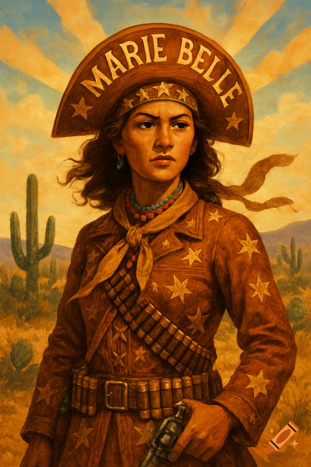 A painting of a woman in Western attire, holding a gun, with 'MARIE BELLE' on her hat, set against a desert landscape with cacti.