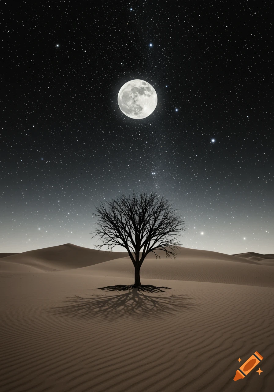 A lone, leafless tree stands in a vast desert under a bright full moon and a starry night sky.