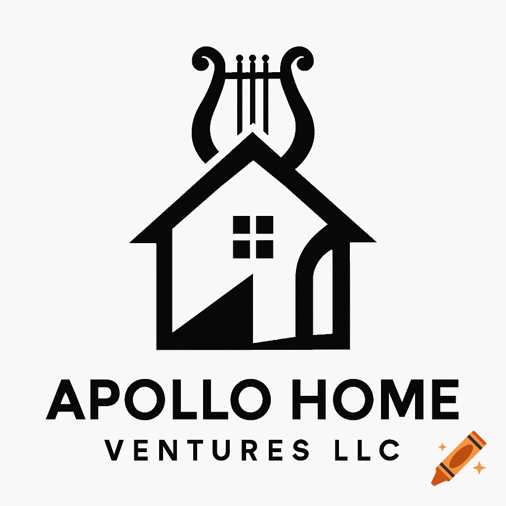 Black and white minimalist logo for Apollo Home Ventures LLC featuring a house icon with a lyre above it.