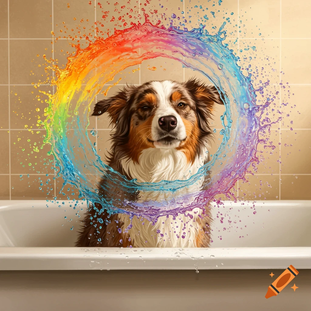 An Australian Shepherd dog sits in a bathtub, surrounded by a vibrant rainbow-colored water splash.