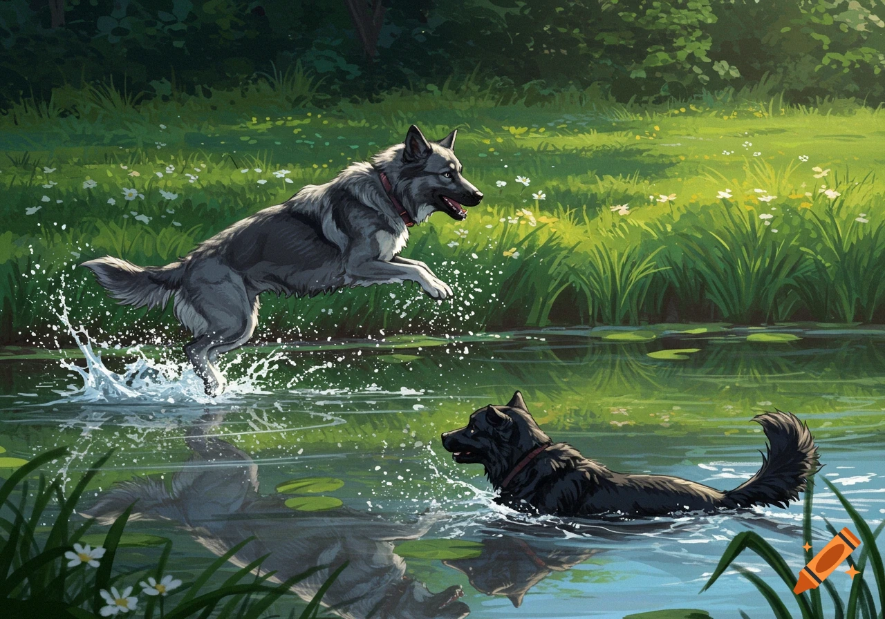 A painted illustration of a grey dog leaping into a pond while a black dog swims, surrounded by green grass and trees.