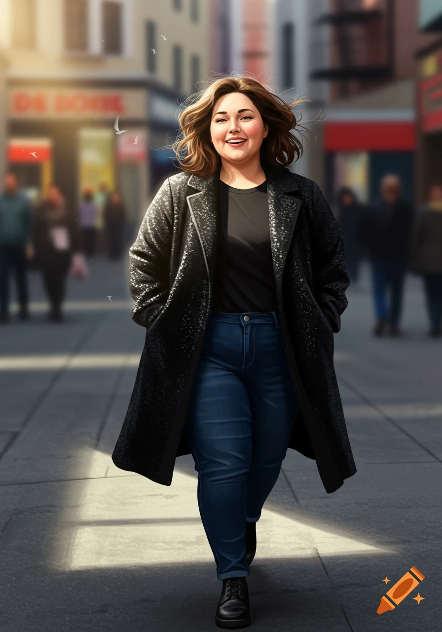 A smiling woman with brown hair, wearing a black sparkling coat and blue jeans, walks on a sunlit city street.